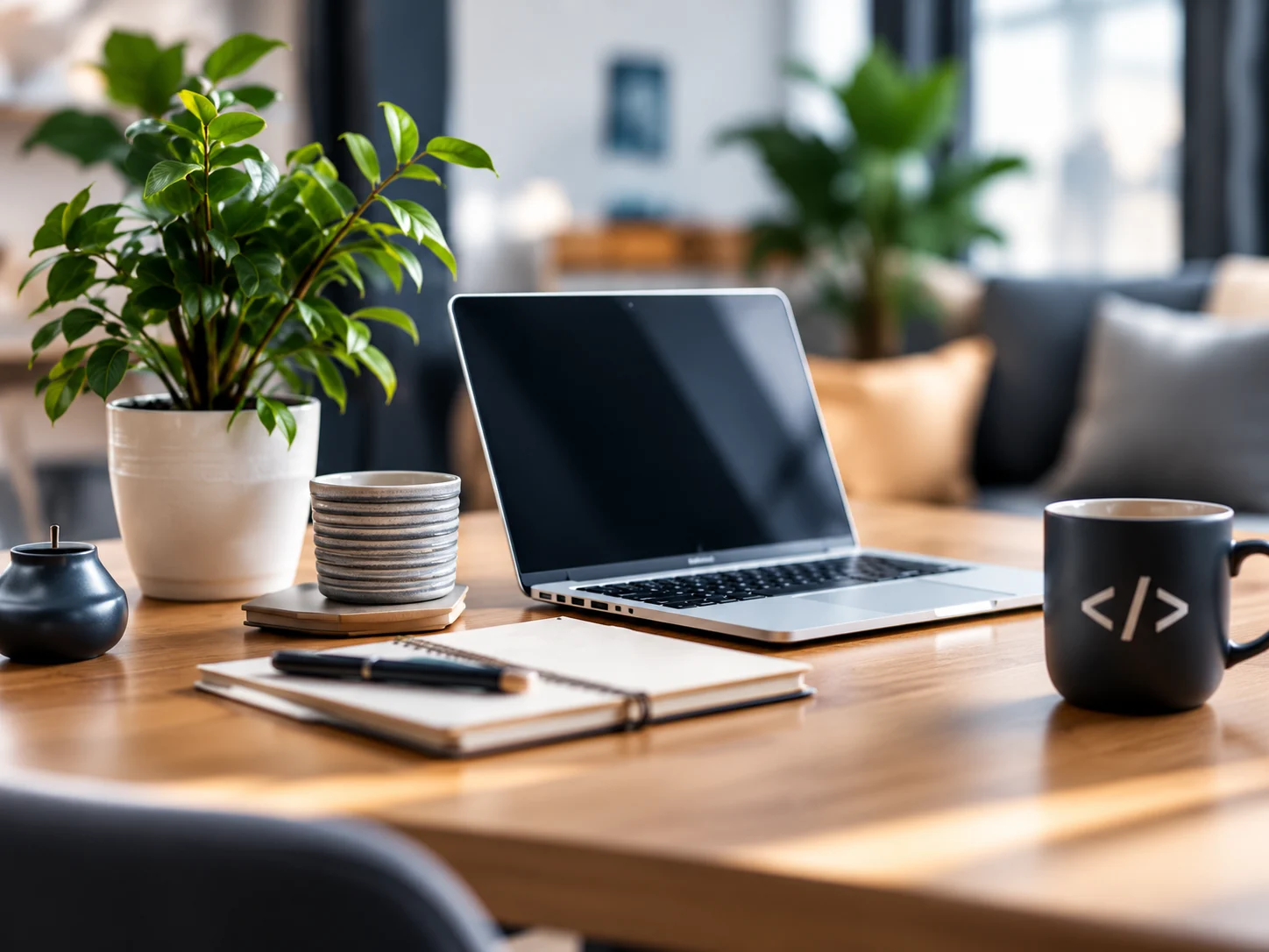 Mesa de trabajo con portátil y taza de programador