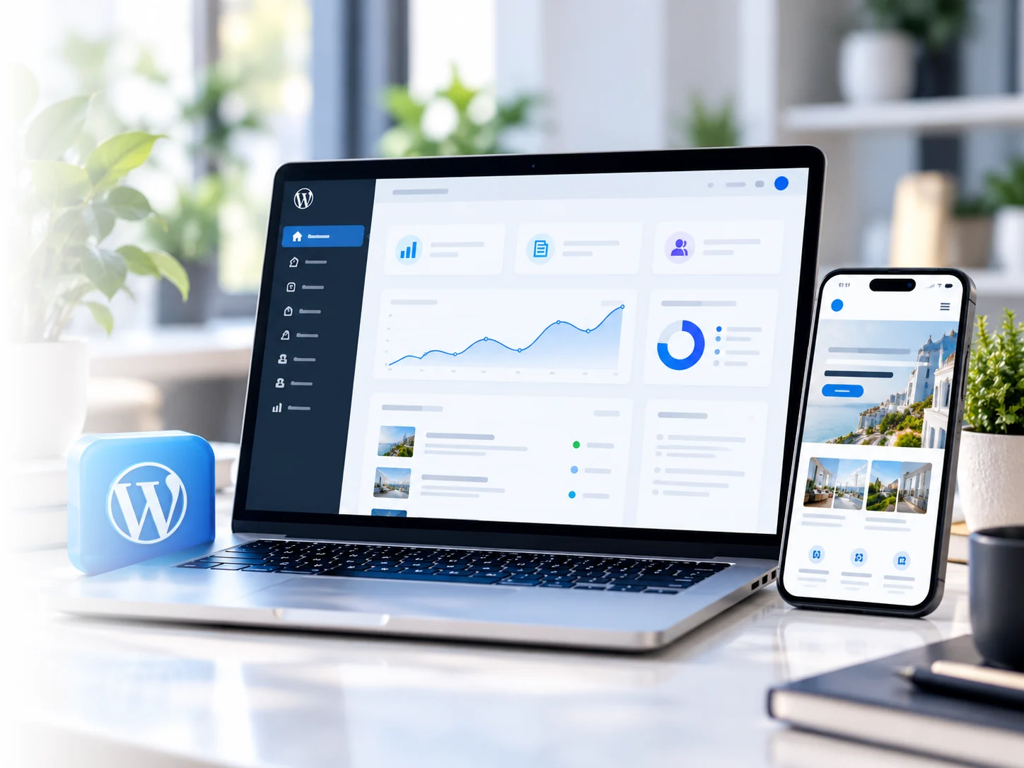 Portátil con el panel de WordPress y un móvil